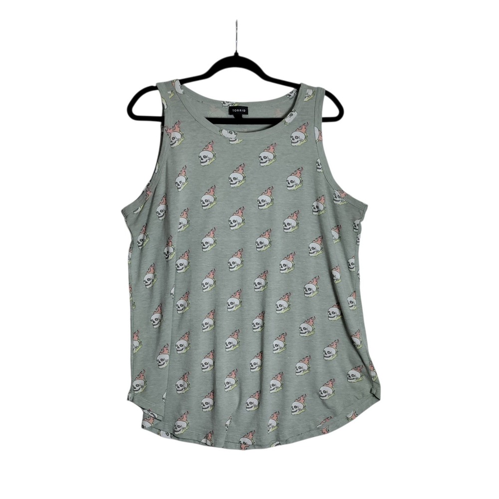 Torrid Womens Plus Size 2 Green Flaming Skull Graphic Tank Top Sleeveless Shirt